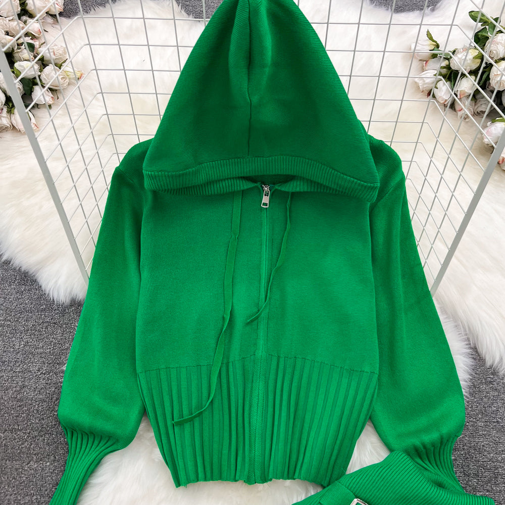 Knitted Hoodie&Wide-leg Trousers 2Pcs