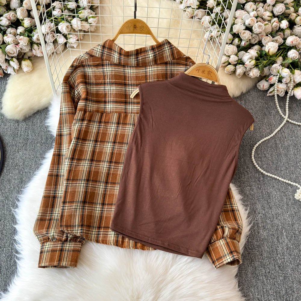 Plaid Shirt&Sleeveless Bottoming 2Pcs