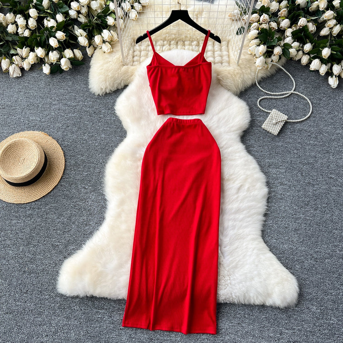 V-neck Camisole&Split Skirt Knitted 2Pcs