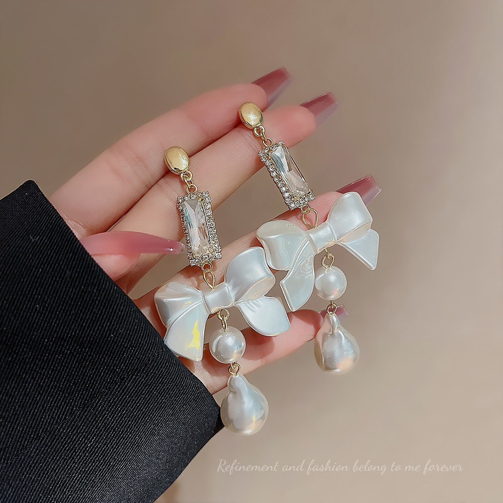 Crystal Beads Bow Pearl Earrings