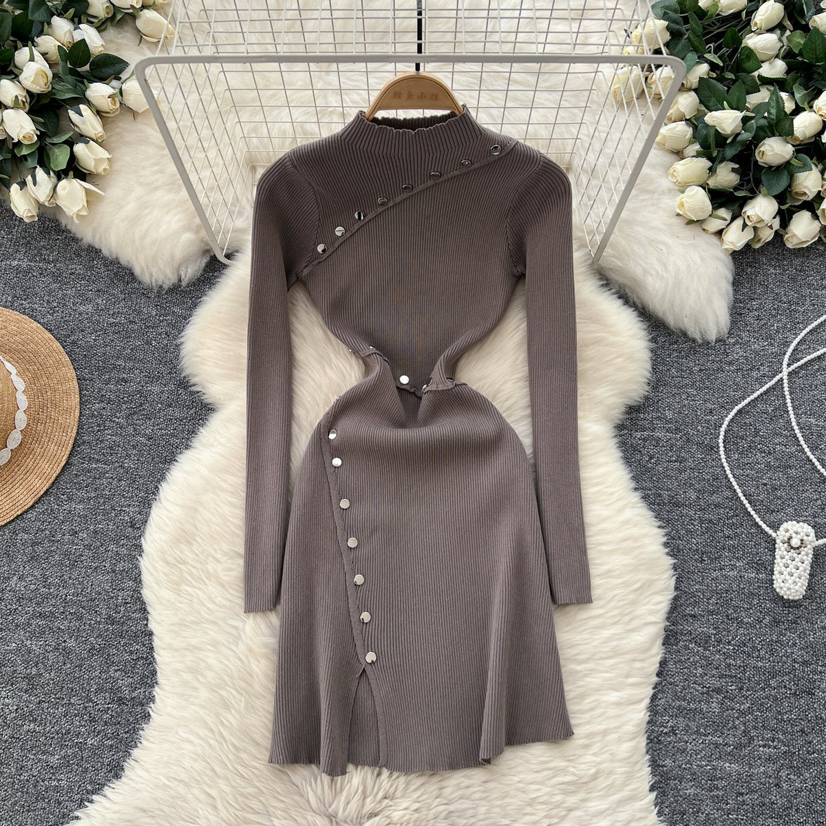 Half Turtleneck Metal Button Knitted Dress