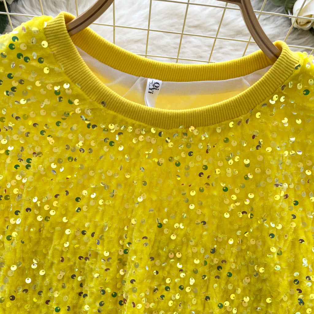 Crew Neck Sequined Short T-shirt
