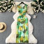 Elegant Tie-dye Pleated Vest Dress