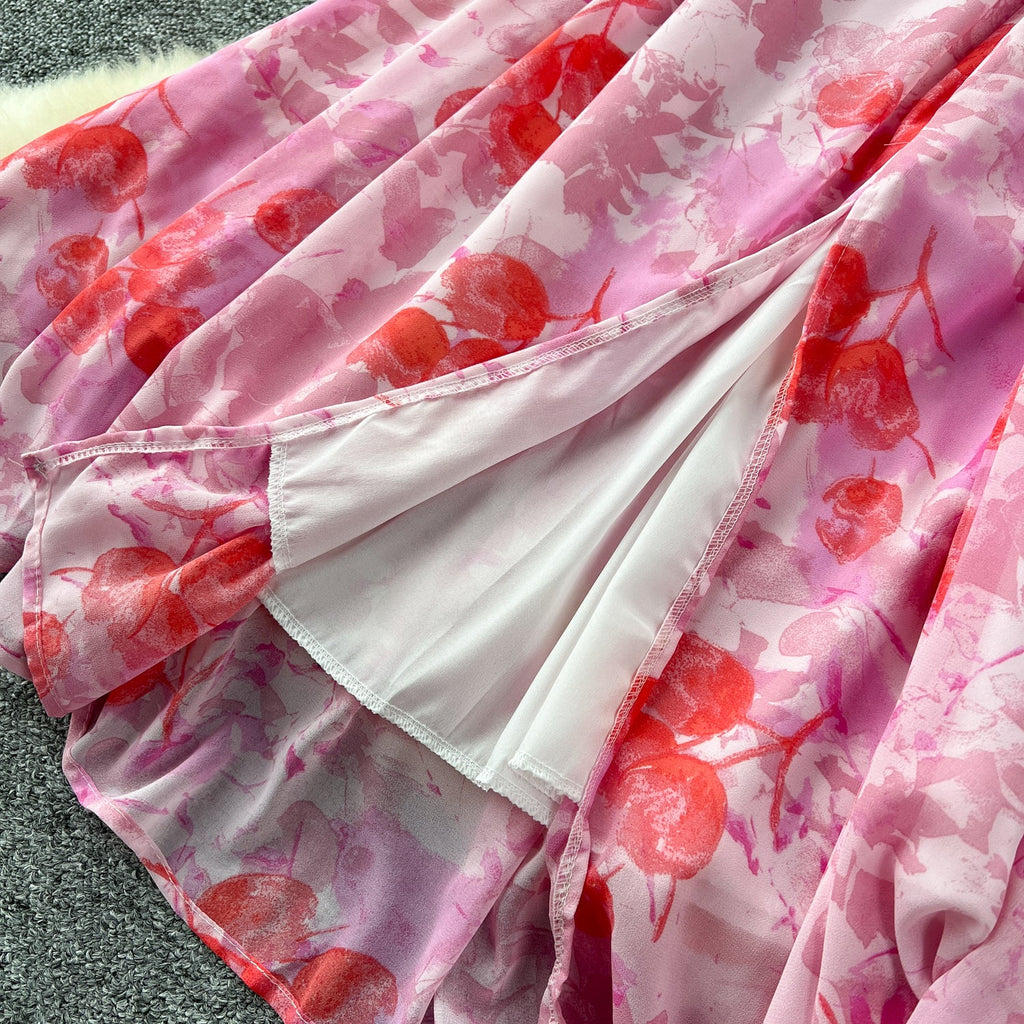 Vintage V-neck Draped Floral Dress