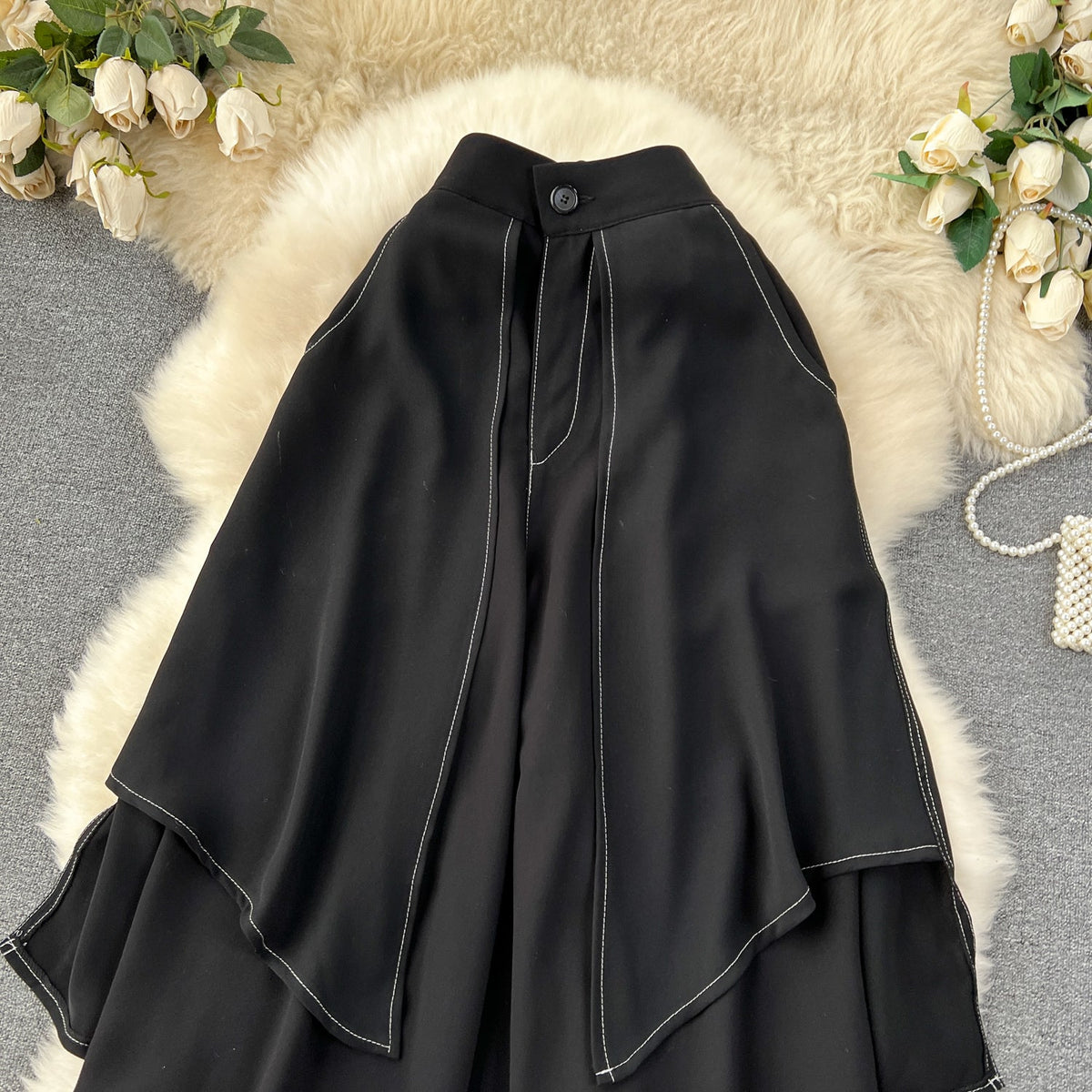 Faux Two-pieces Loose Black Trousers