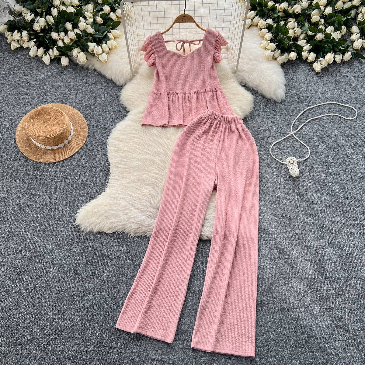 Loose Top&Trousers Solid Color 2Pcs