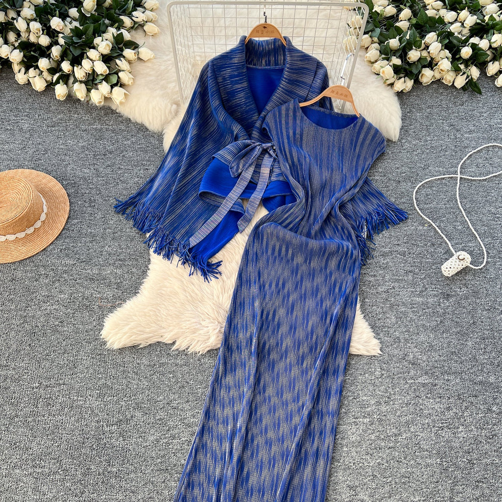 Beaded Fringed Cardigan & Vest Dress 2Pcs