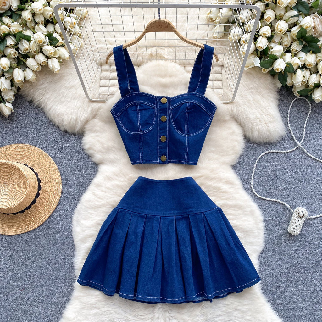 Camisole&Pleated Skirt Denim 2Pcs