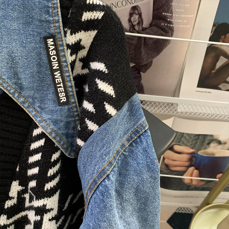 Niche Faux Two-pieces Denim Patchwork Knitwear