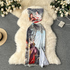 Oil Painting Printed Top&Skirt 2Pcs