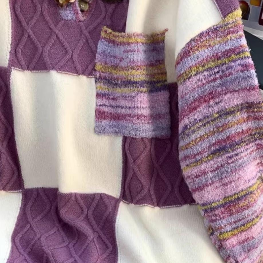 Vintage Cow-horn Button Plaid Sweater