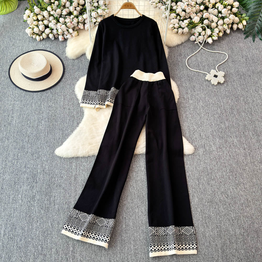 Sweater&Trousers Color-blocking Embroidered 2Pcs