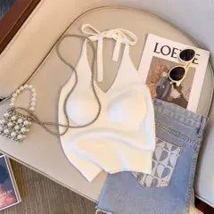 Lace-up Solid Color Halter Camisole