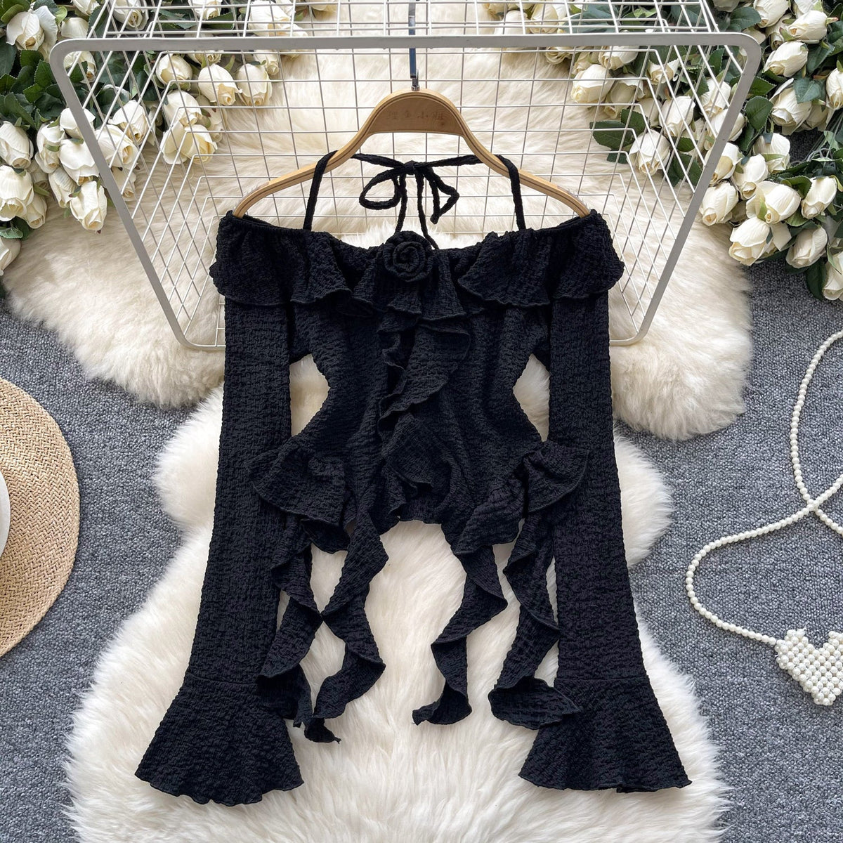 Lace-up Ruffled Ribbon Halter Top
