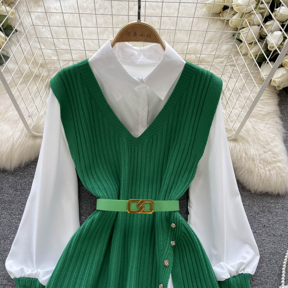 V-neck Knitted Vest&White Shirt 2Pcs