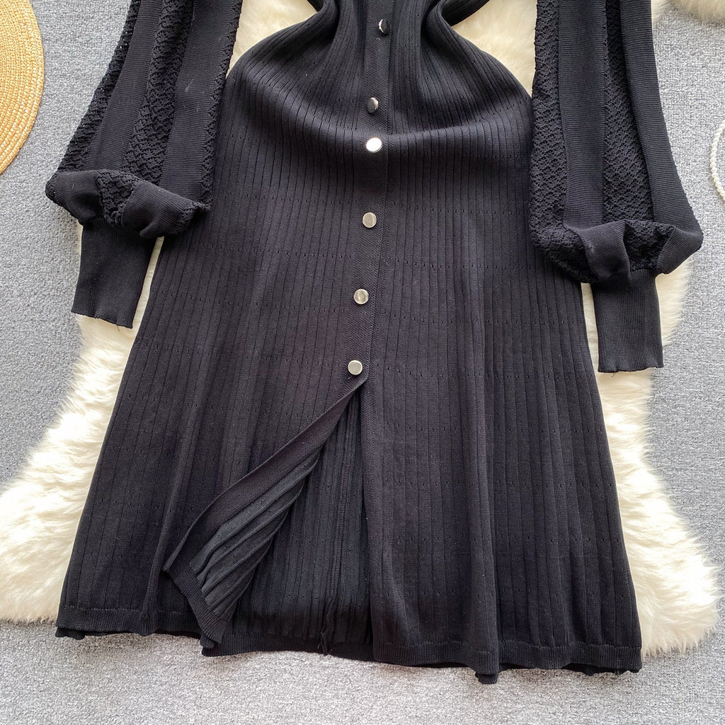 Doll Collar Black Knitted Shirt Dress
