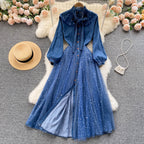 Niche Mesh Patchwork Denim Shirt Dress