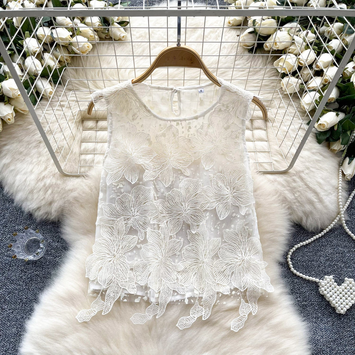 French Style 3d Floral Embroidered Top
