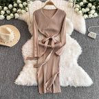 V-neck Bodycon Split Knitted Dress