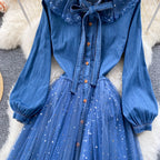 Niche Mesh Patchwork Denim Shirt Dress