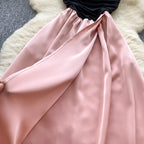 Black & Pink Satin Patchwork Split Dress