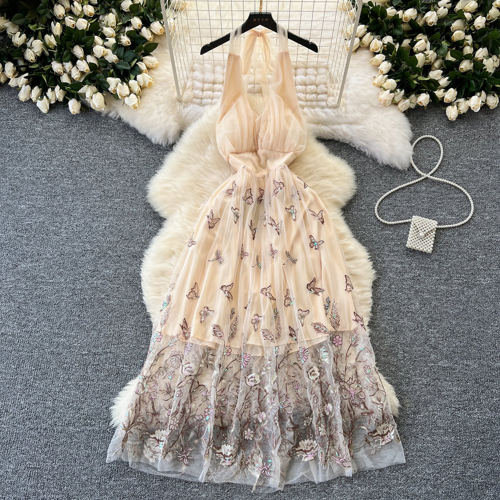 Backless Butterfly Sequined Halter Dress