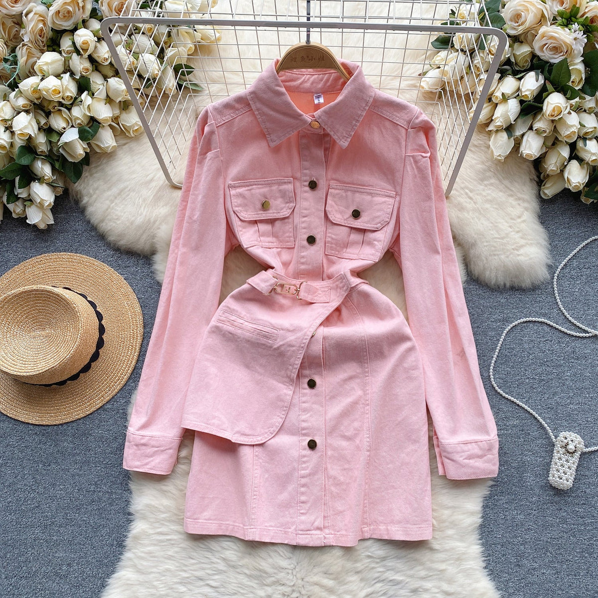 Vintage Candy Color Denim Shirt Dress