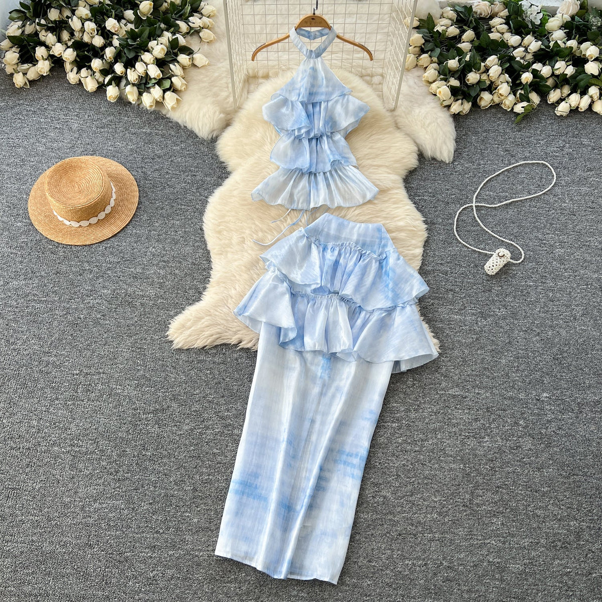 Tie-dye Blue Halter Top & Skirt 2Pcs