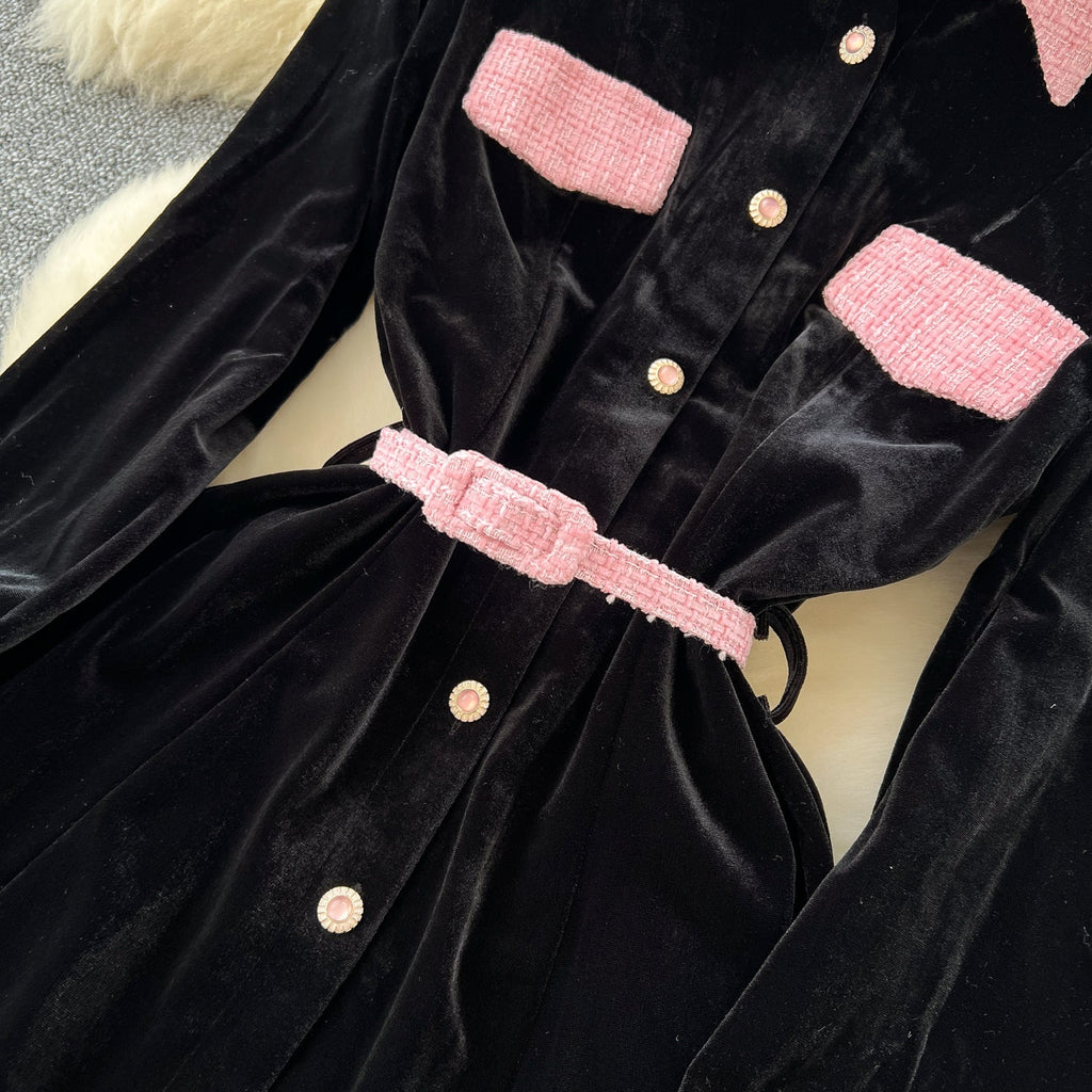 Vintage Lapeled Patchwork Black Dress