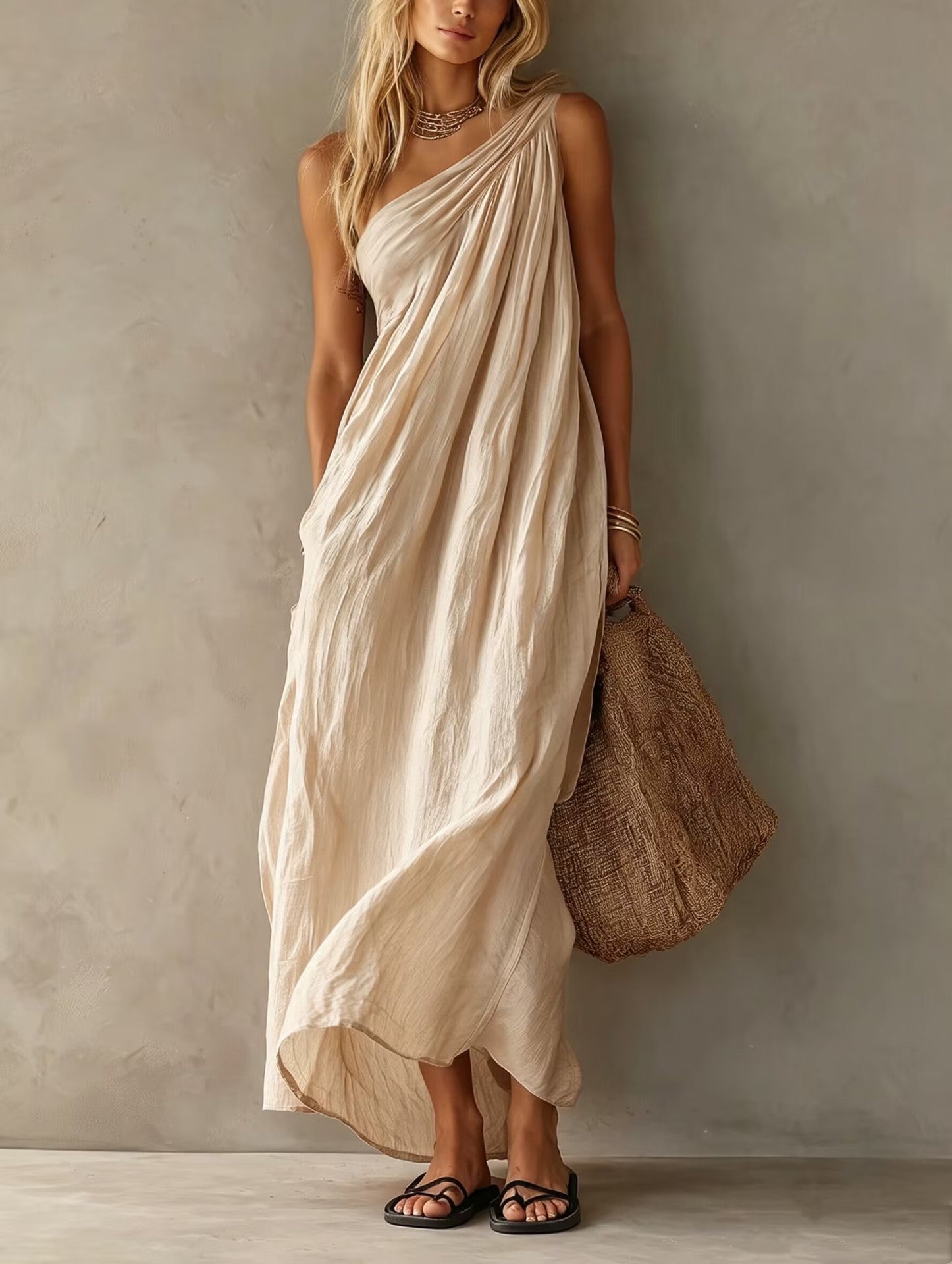 One Shoulder Ruched Loose Textured Maxi Dress