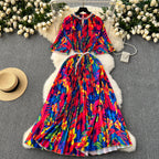 Beaded Crew Neck Printed Dress