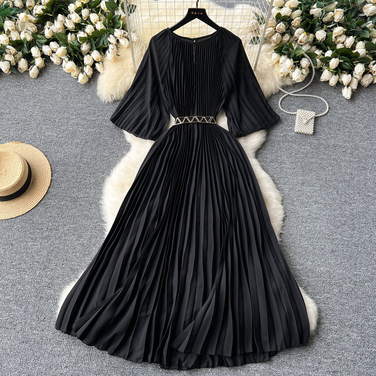 Vintage Solid Color Pleated Dress