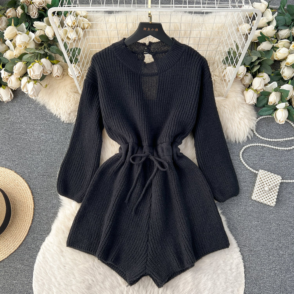 Elastic Solid Color Hollowed Knit Romper