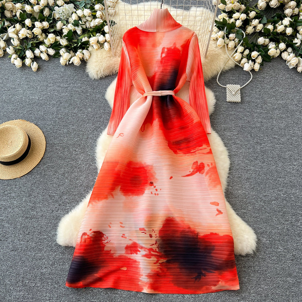 Oversized Openwork Lapeled Printed Dress