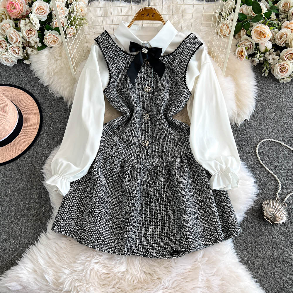 Sequined Tweed Dress&Bottoming Shirt 2Pcs