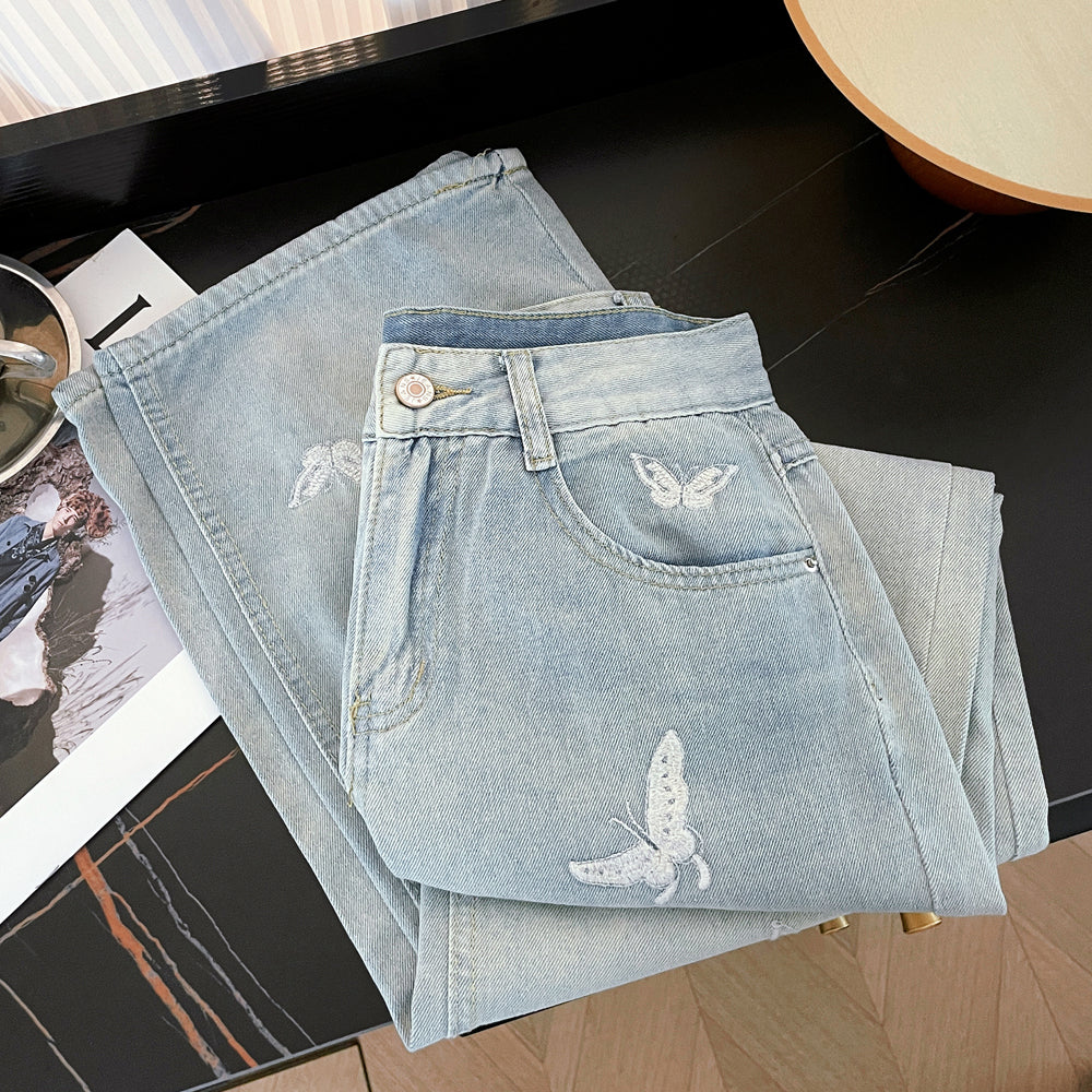 Casual Butterfly Embroidered Wide-leg Jeans
