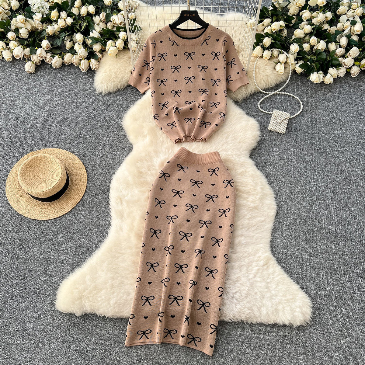 Bow Knitwear & Hip-wrapping Skirt 2Pcs