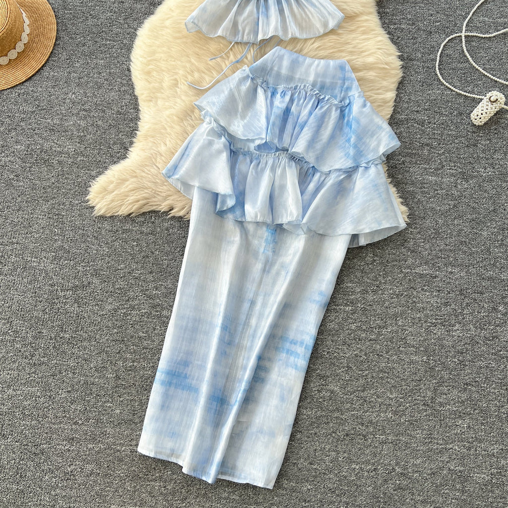 Tie-dye Blue Halter Top & Skirt 2Pcs