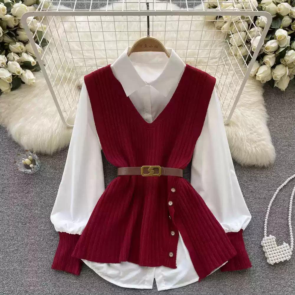 V-neck Knitted Vest&White Shirt 2Pcs