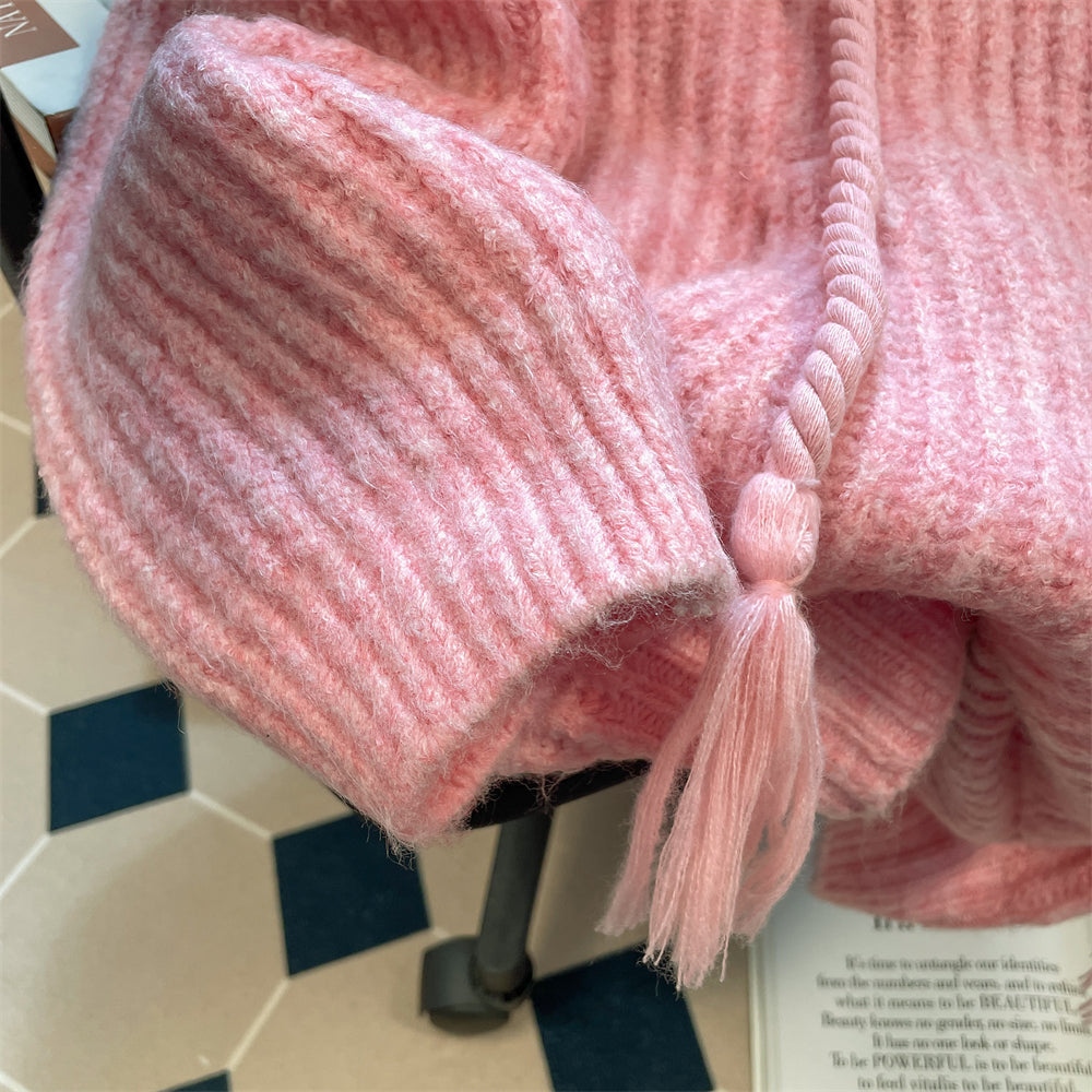 Vintage Thermal Drawstring Hooded Sweater