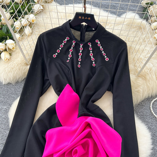 3D Rose Rhinestone Studded Black Dress