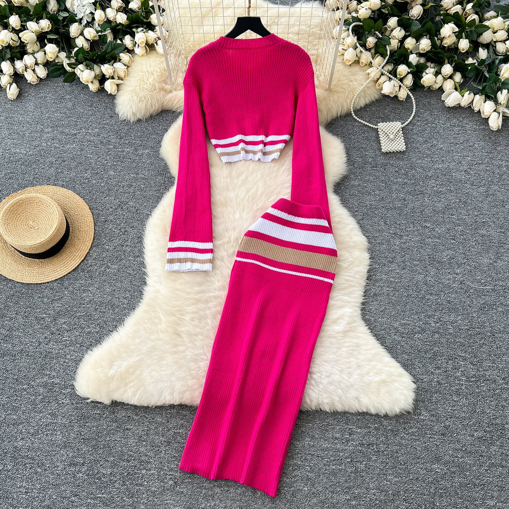 Colorful Stripe Sweater&Skirt Knitted 2Pcs