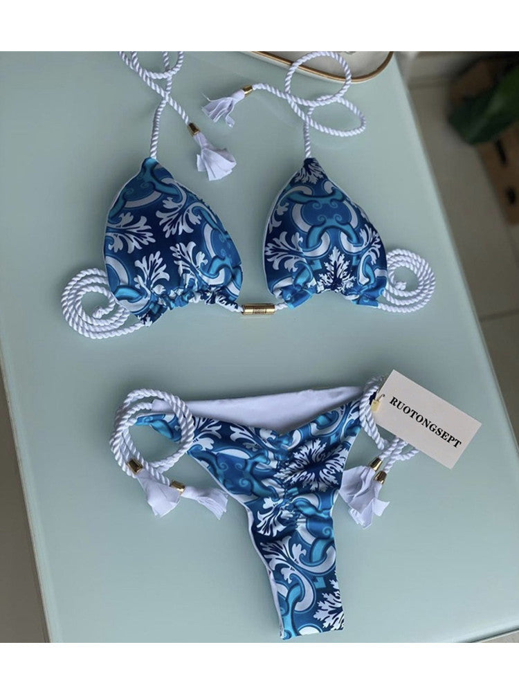 Low Waist Braided Rope Leopard Print Swimwear