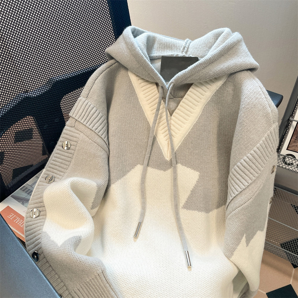 Faux Two-pieces Patchwork Hooded Knitwear