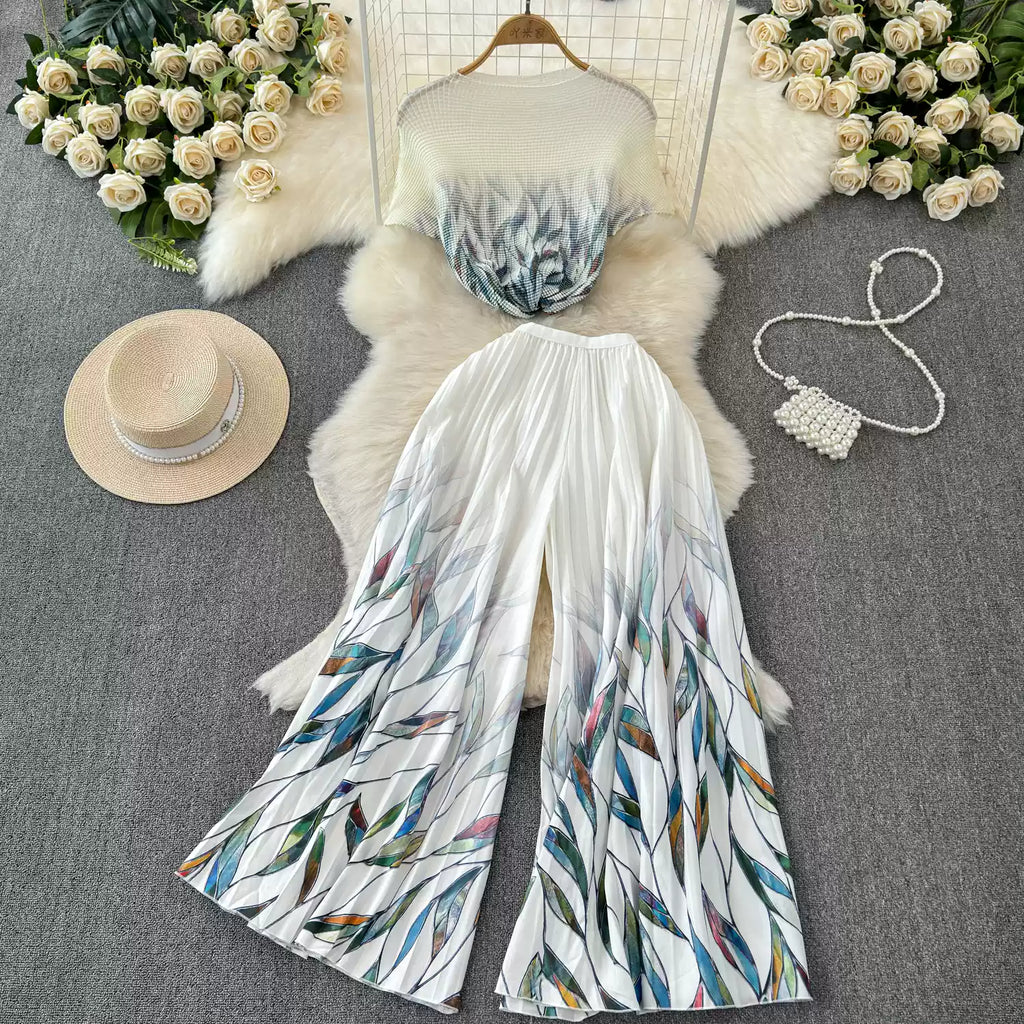 Chiffon T-shirt & Wide-leg Trousers 2Pcs