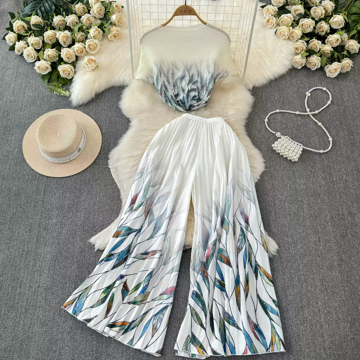 Chiffon T-shirt & Wide-leg Trousers 2Pcs