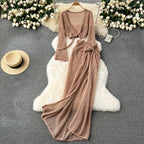 V-neck Knitwear&Skirt Hollowed 2Pcs
