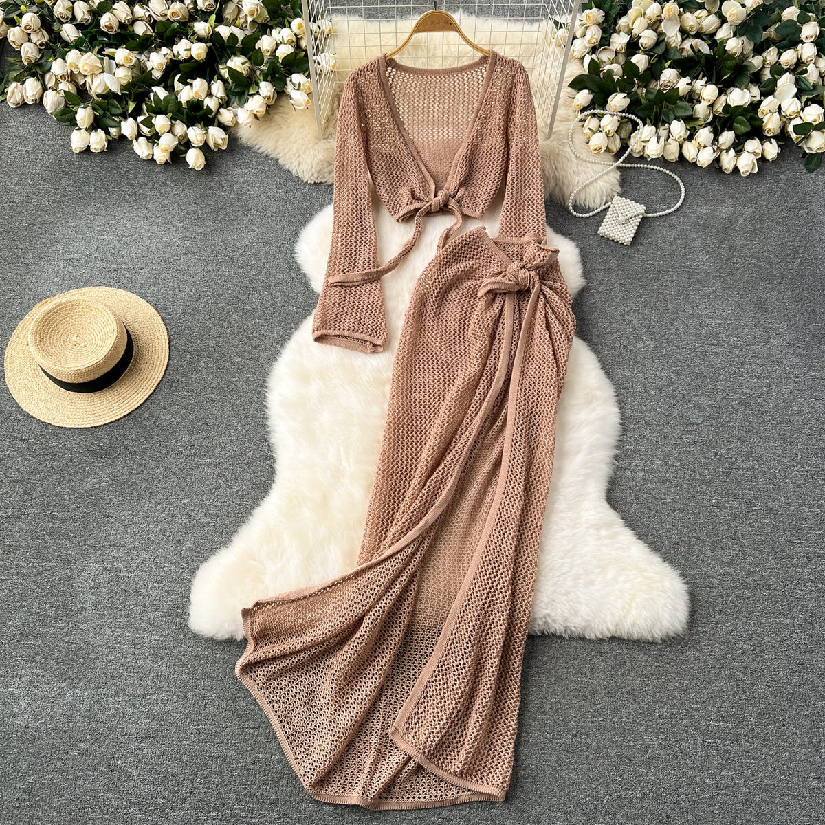 V-neck Knitwear&Skirt Hollowed 2Pcs