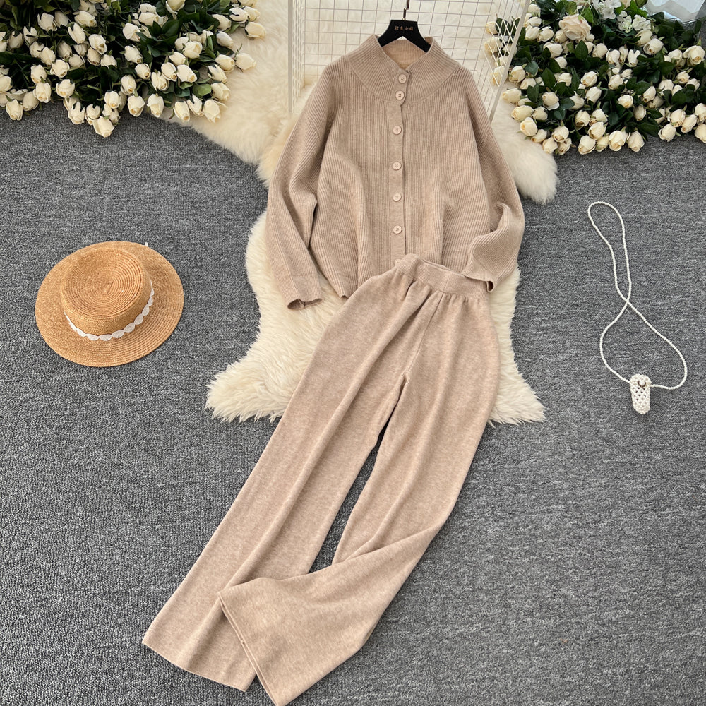 Turtleneck Cardigan&Wide-leg Trousers 2Pcs
