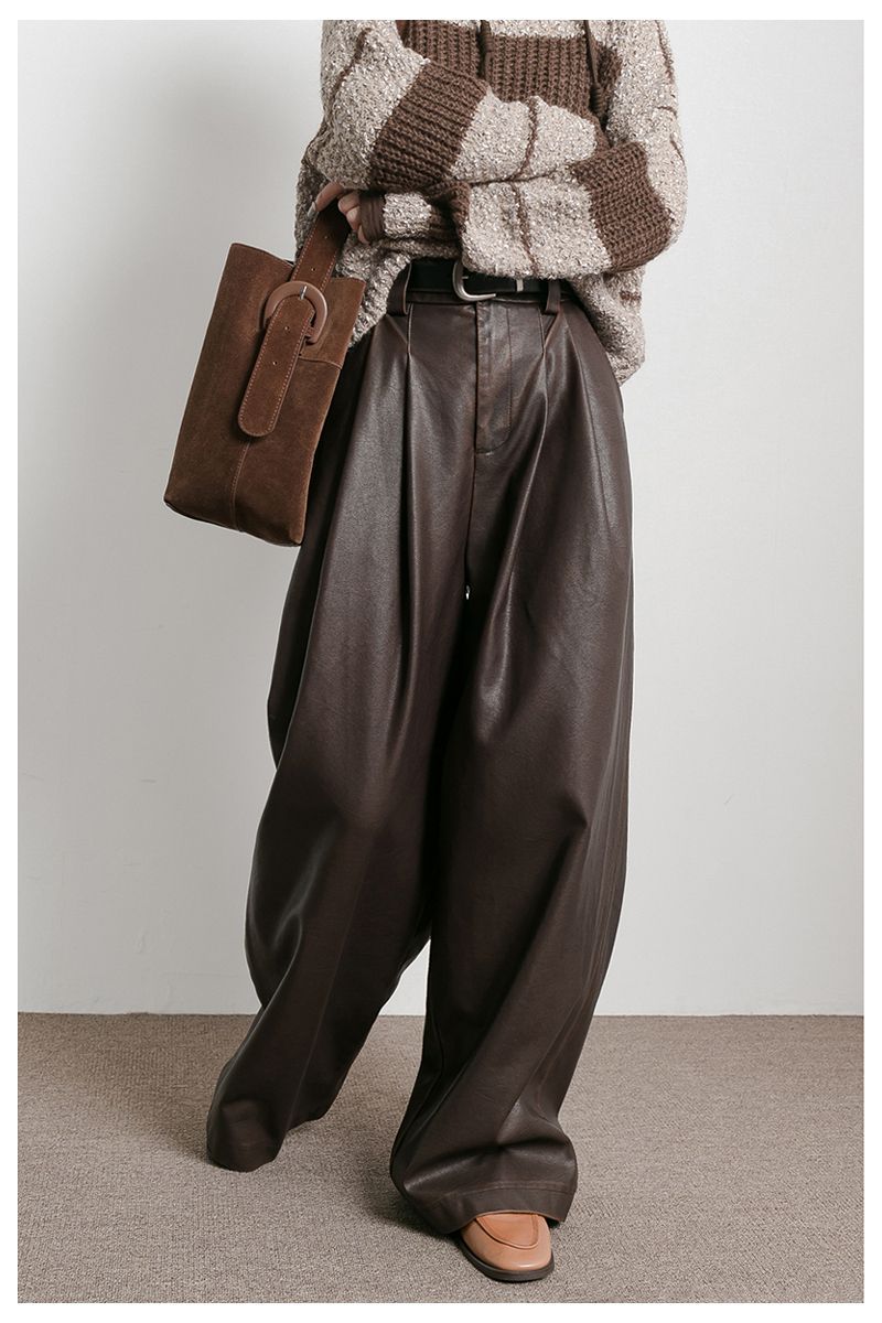 Vintage Draped Brown PU Leather Pants